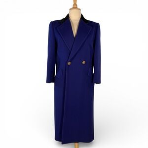 Vintage Bill Blass Wool Blue Double-Breasted Coat Women’s XL Long Classic Preppy